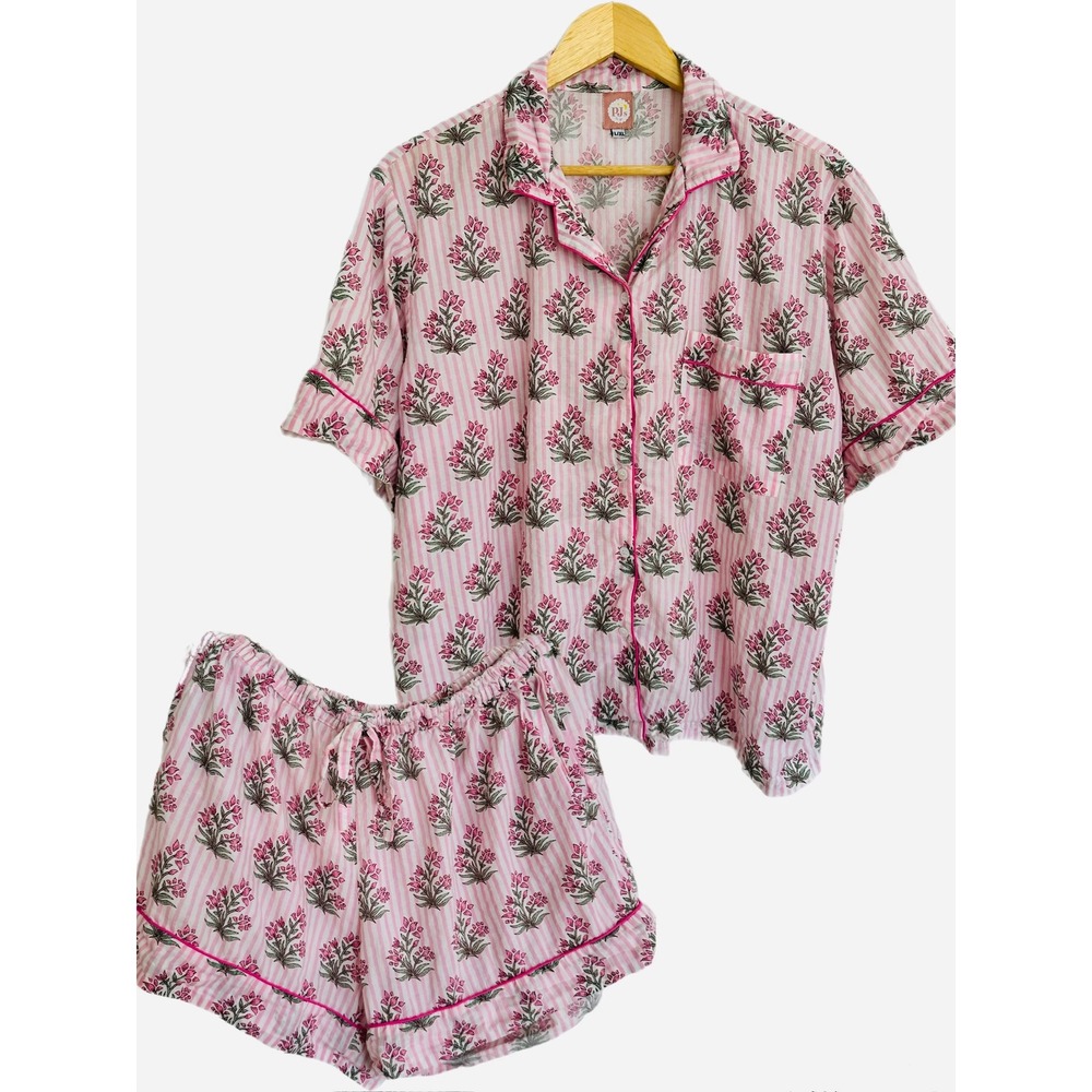 Womens Pajama Set Pink Striped Floral 100% Cotton Coquette Preppy Romantic Large